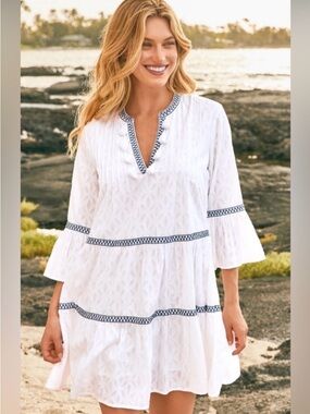Tommy Bahama White Cotton Tiered Dress with Navy Embroidery St Barth